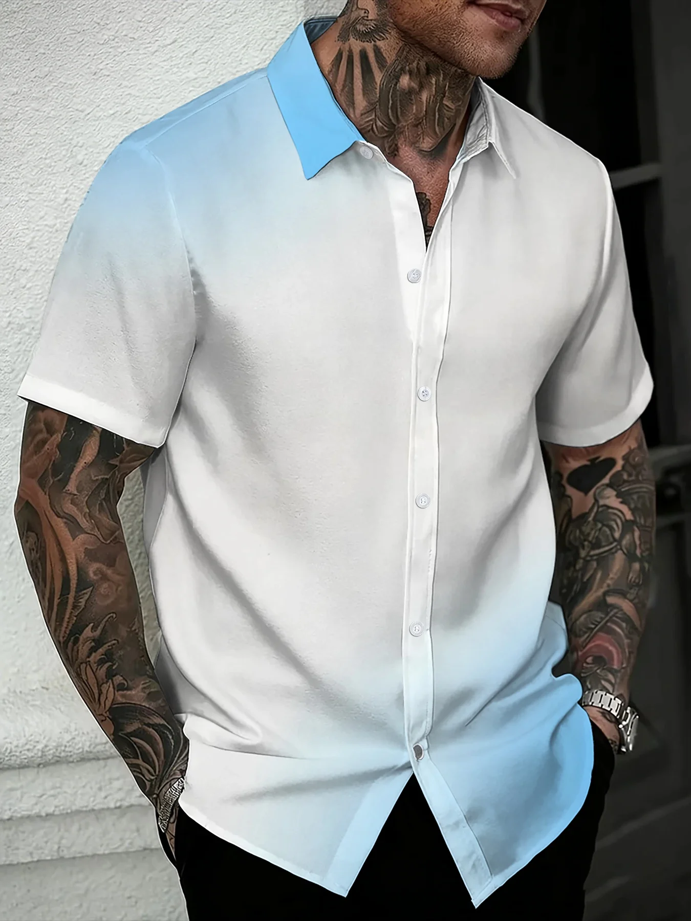 Smart Casual Blue White Gradient Men Shirt Bright Blue Lapel Design Short Sleeve Button Shirts Office Daily Wear