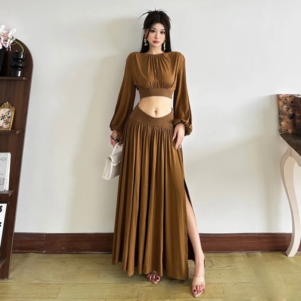 

SylCue Элегантный комплект из 2 предметов со рюшами, женские топы с круглым вырезом и длинными рукавами и пупком, длинные юбки, уличная повседневная модная одежда