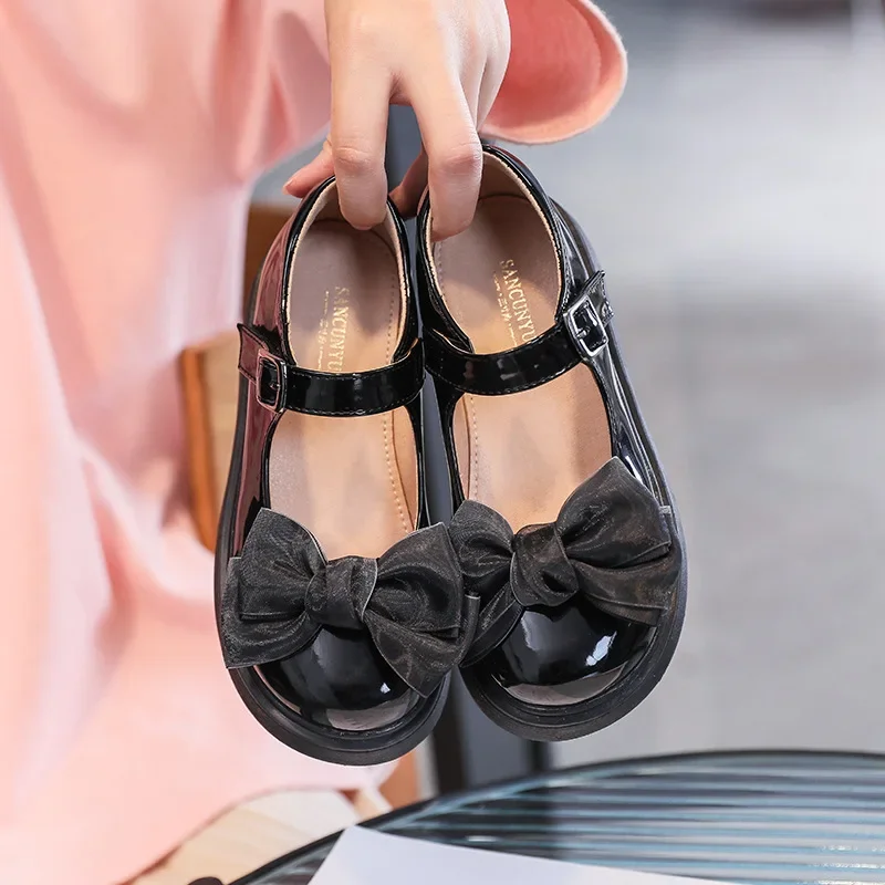 Gradual Bow Child Fashion Burgundy Leather Shoes 2023 Fashionable Korean Style Elegant Shallow Mary Jane Spring Casual Versatile