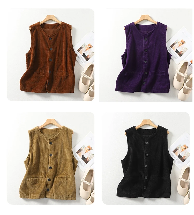Spring Autumn Women Corduroy Vest Coat Vintage Khaki Black Purple Brown Sleeveless Jacket Cardigan Elegant Cotton Waistcoat Top