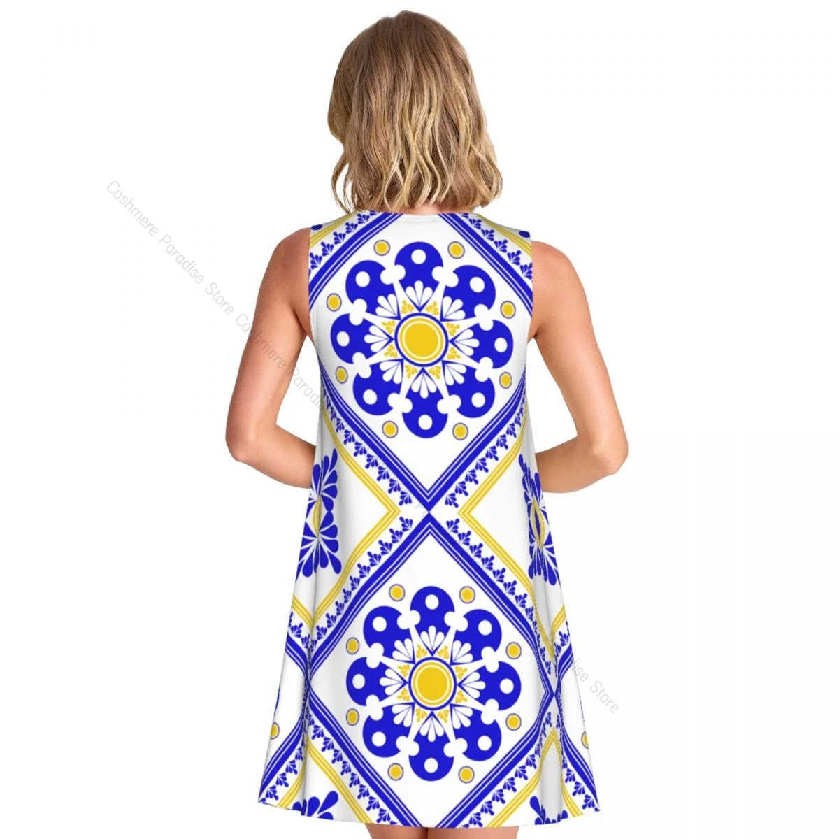 Women's Dress Blue And White Pattern Summer Casual T Shirt Dresses Beach Cover up Tank Dress