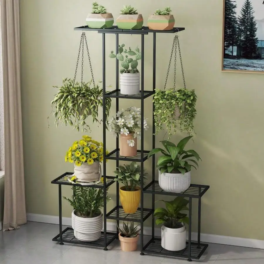 Stand Indoor Outdoor, Metal 6 Tier Tall Hanging Plant Shelf Multiple Flower Planter Large Heavy Duty Ladder Plant Holder Garden,