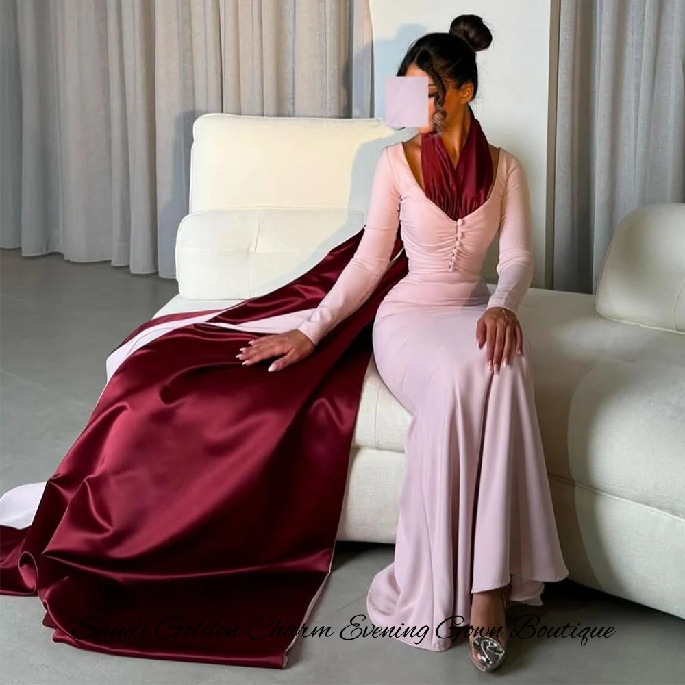 Sukienka wieczorowa z dekoltem w serek, długim rękawem, elegancka, w stylu syreny, marszczona, vestido de noche, wysokiej jakości jersey, suknie celebrytów.