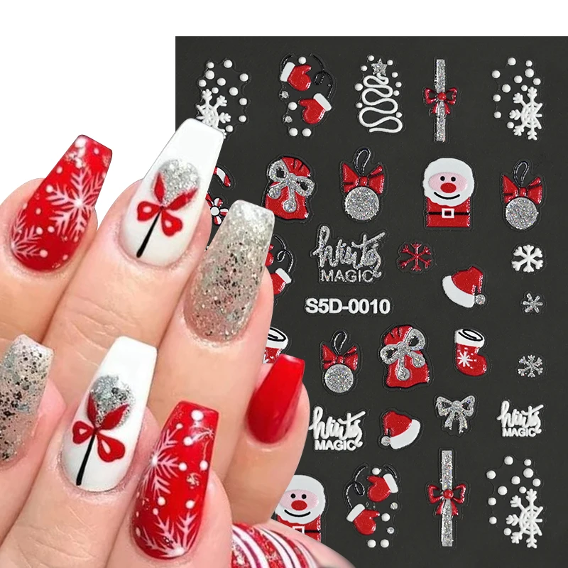 5D Embossed Acrylic Snowflake Bell Xmas Nail Sticker Gold Silver Powder Christmas Adhesive Sliders Winter New Year Nail Decals