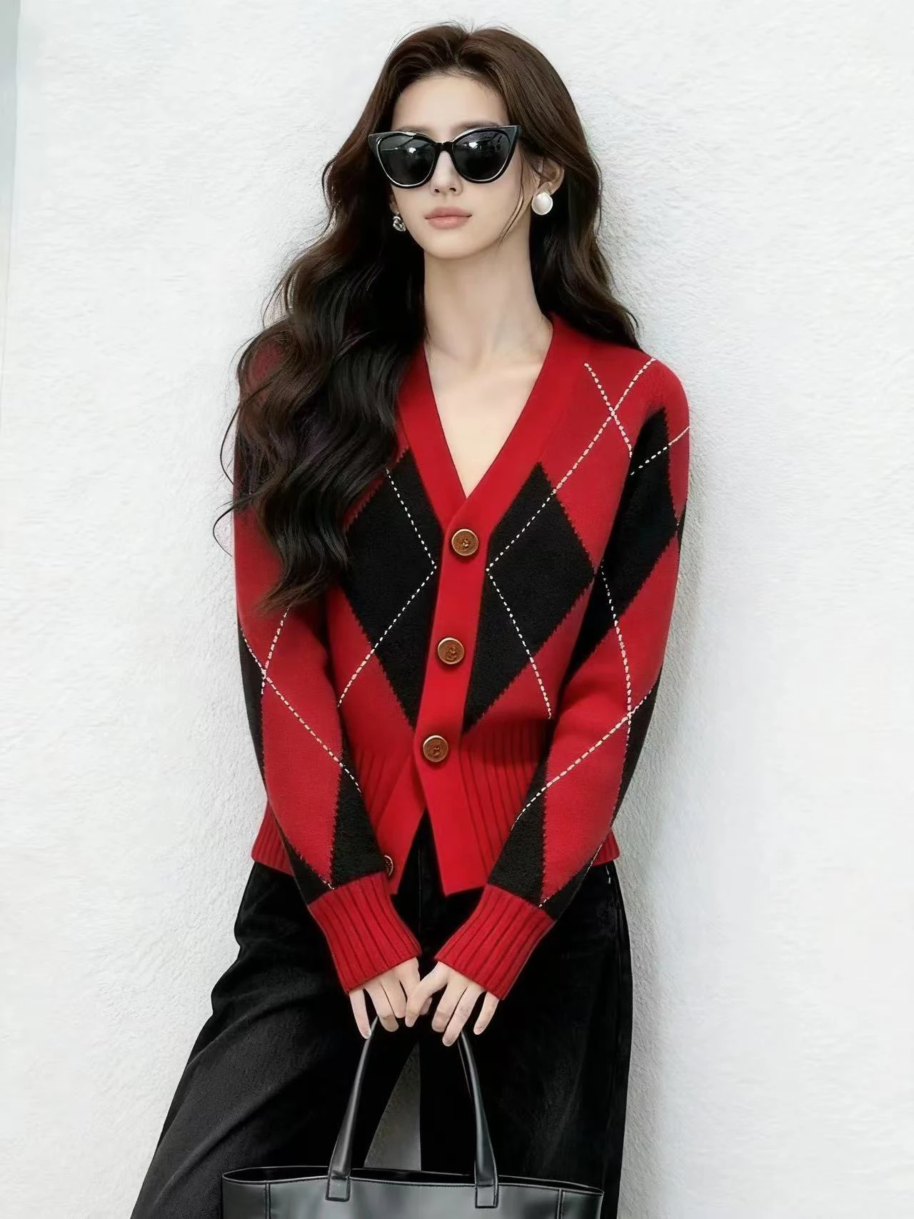 Korean Style Winter Warm Knitted Red Diamond Grid Open Cardigan Set Pants Non-Repeating Pattern Fashionable And Chic Ladies' ...