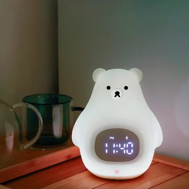 White Teddy Bear Alarm Clock Light Children S Charging Bedside Lamp Bedroom Birthday Gift Cartoon Night Light