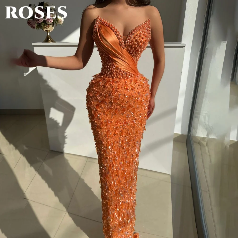 

Оранжевое вечернее платье без рукавов ROSES, атласное выпускное платье с вырезом «сердечко», с блестящими кристаллами, плиссированное, фасон «труба», для вечеринок, на заказ