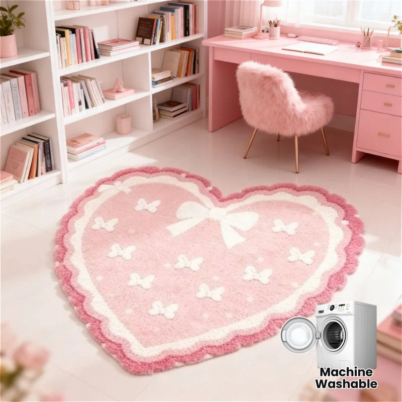 VIKAMA Adorable Bow Tie Plush Rug Valentine'S Day Heart Shaped Bedroom Decor Pink Bedside Rug Fluffy Soft Rug Home Decoration