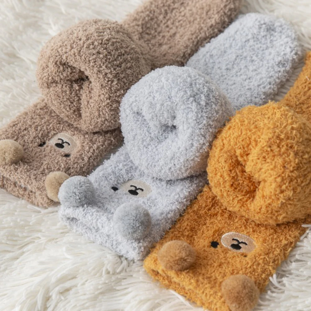 Cute Animal Bear Thick Coral Fleece Fuzzy Socks Home Floor Sleep Sock Female Autumn Winter Warm Funny Socks  Sleep Socks