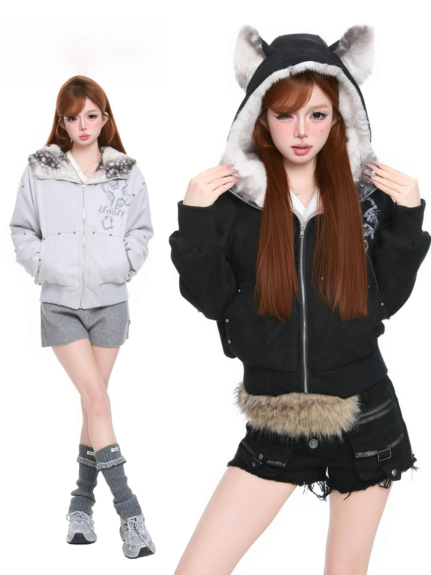 

BASTERDS Thiened Winter Cotton Jaet Women's Hooded Coat with Plu Ears Rivet Design Korean Sle Loose Fit Polyester Fabric