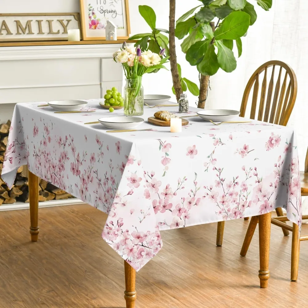 1pc of Spring Rectangular Tablecloth with a Pink Cherry Blossom Pattern, Wedding Decorations, Summer Decoration, Garden Decor for Outside, Outdoor Decor, Washable Seasonal Table Cover Suitable for Party, Picnic, And Dinner Decoration