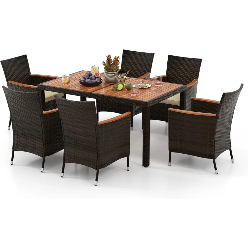 

7 Pieces Rattan Wicker Patio Dining Set, Outdoor Dining Set with Cushions, Large Dining Table with Acacia Wood Top, Outside Din