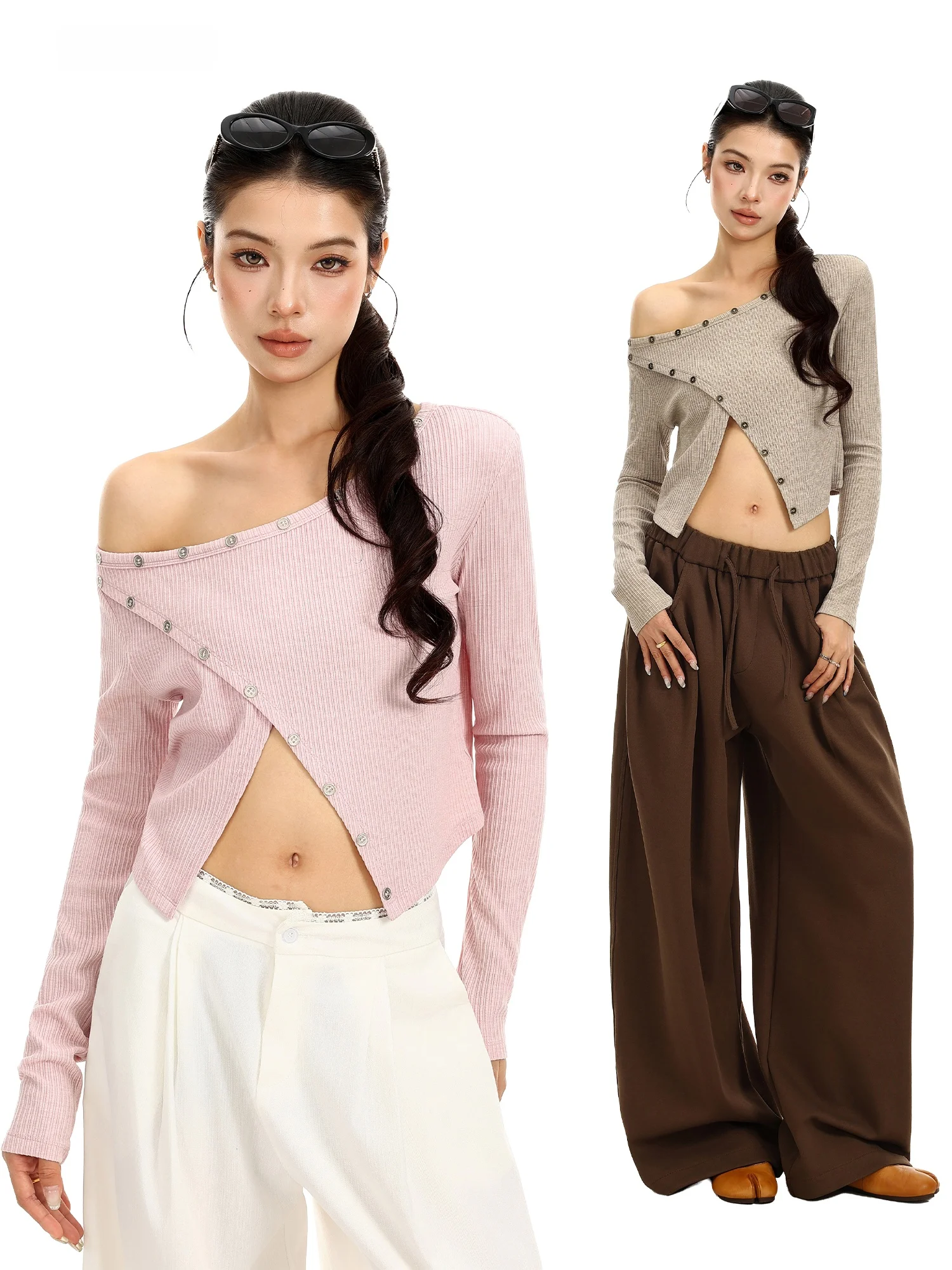Sexy Short Crop Top Women's Long Sleeve T-Shirt Asymmetrical Design Slant Collar Baring Belly Fall Fashion Low Waist Ladies' Tee