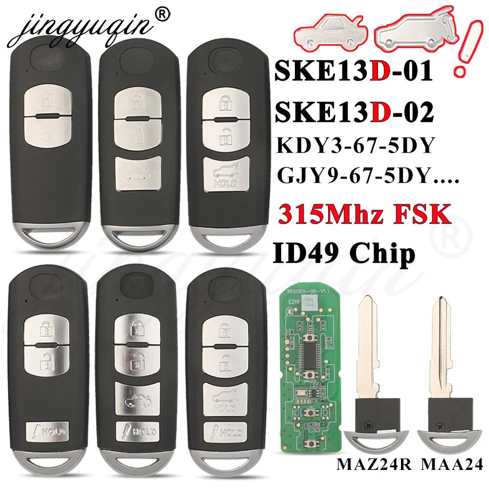 jingyuqin 315MHz ID49 WAZSKE13D SKE13D02 Intelligenter Fernbedienungsschlüssel für Mazda 3 6 MX-5 CX-3 Cx-5 CX-9 Miata 2013-2019 Toyota Yaris