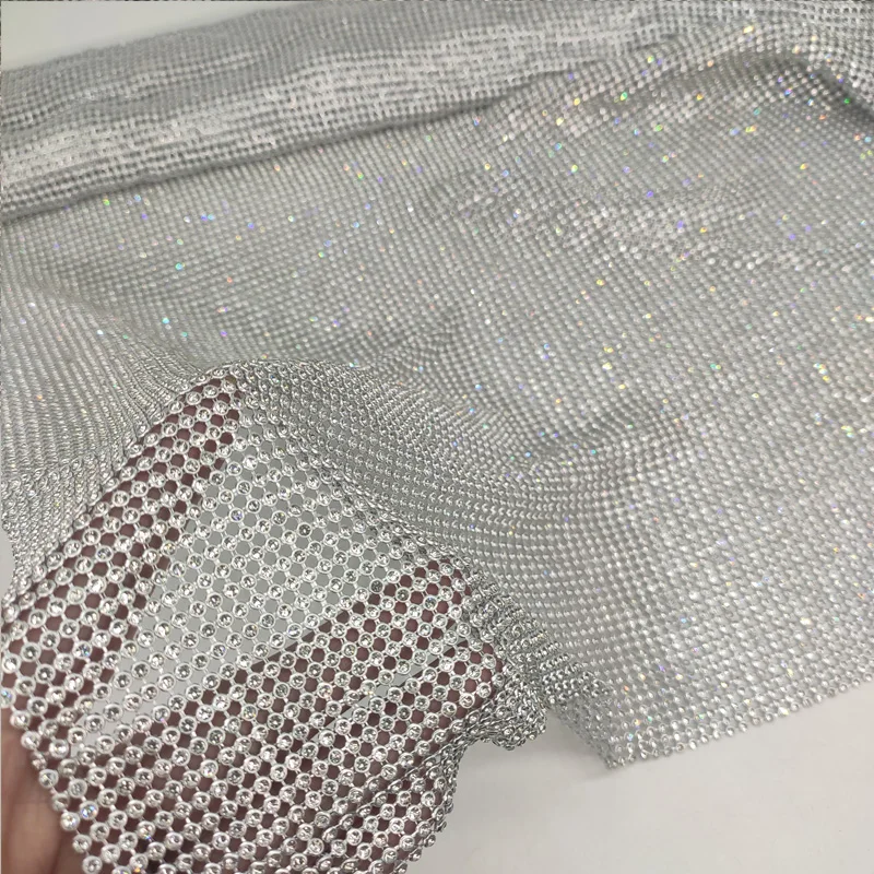 45*120 cm Silver Rhinestone metal mesh fabric Crystal metallic Sequin Beaded cloth Sheet Aluminum for Women Party Club Dress