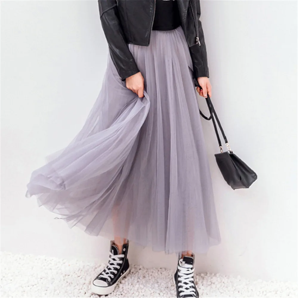 

2024 Korean Pleated Lace Gauzy Dress Women's Long Tulle Dress Skirt High Waist Wide Hem Dress Woman Fashion Large Swing Skirts