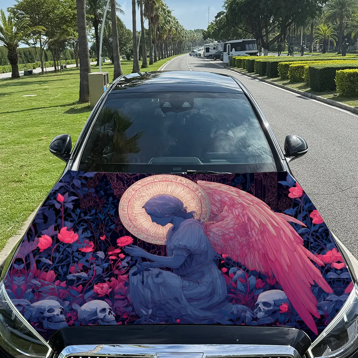Enveloppe en vinyle pour voiture, ange ailé rouge affascinant au milieu des Roses et des crânes, autocollant imperméable en PVC pour capot de voiture, rayures auto-adhésives