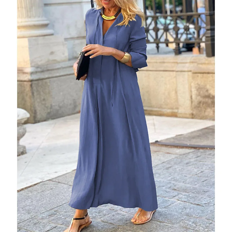 Women's Clothing 2023 Autumn and Winter Fashion New V-neck Long Sleeve Splice Pockets Simplicity Solid Color High Waist Dress