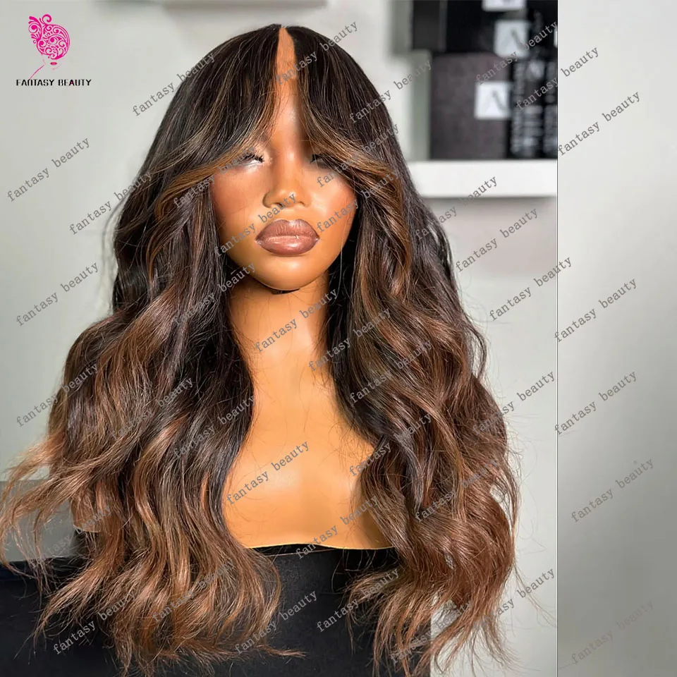 

Highlights Chestnut Blonde Body Wave V Part Wigs 100% Human Hair Wig Ombre Chocolate Brown U Shape Full End For women 250%Densit