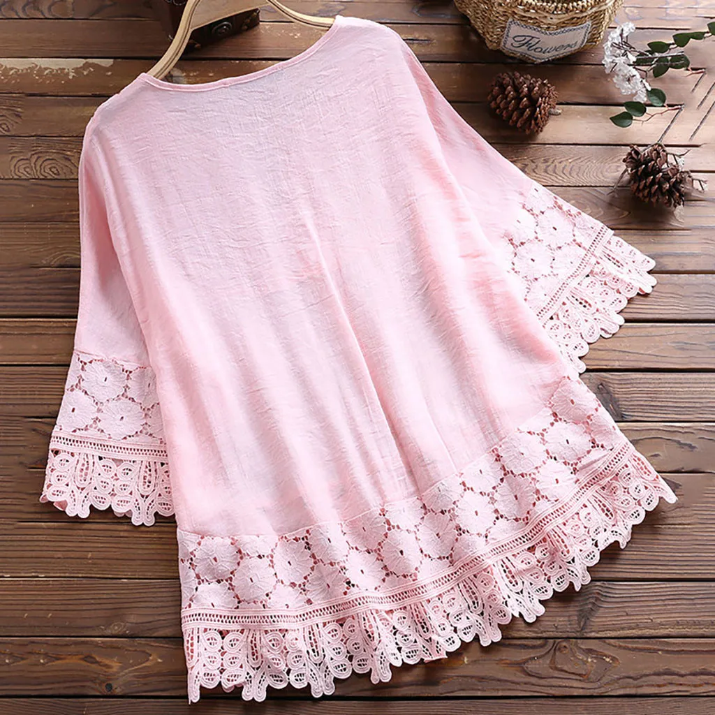 Elegant Loose Lace Trim Blouses Women Casual Floral Embroidery Shirts V-Neck Three Quarter Sleeve Tops Female Blusas Mujer