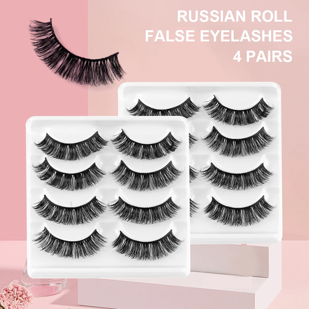 4 pairs of popular Russian large roll thick fake eyelashes, natural synthetic eyelashes, curled eyelashes