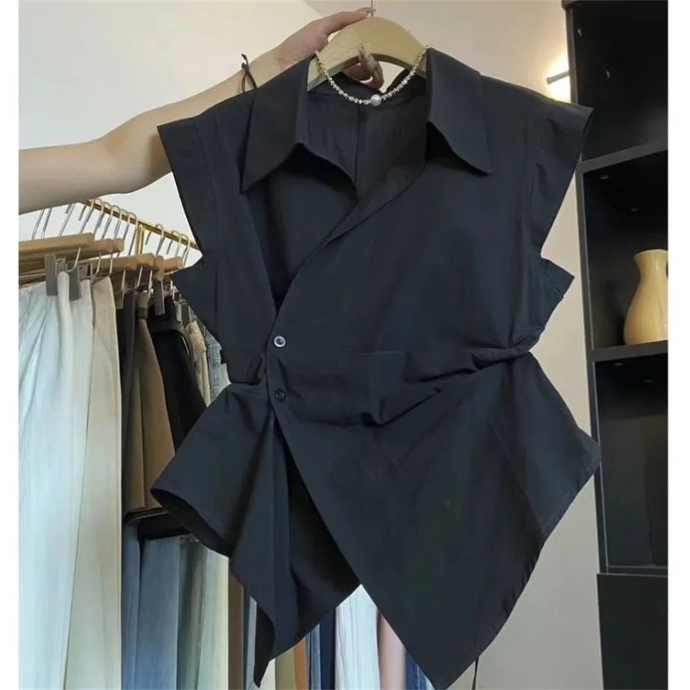 

Women's Vest Coat 2026 Spring Summer Turn Down Collar All-match Ladies Vest Solid Color Pleated Ladies Blouse Shirt Tops