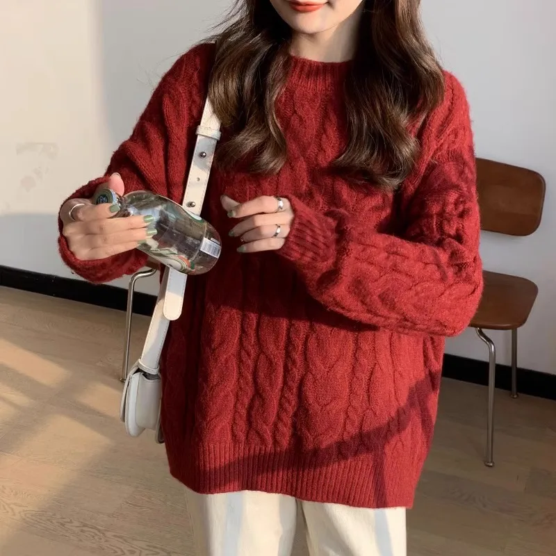 

Thiened Red New Year Knitted Sweater Women's round Ne Twist Soft Cozy Winter Faion Autumn Winter Season Long Sve Top