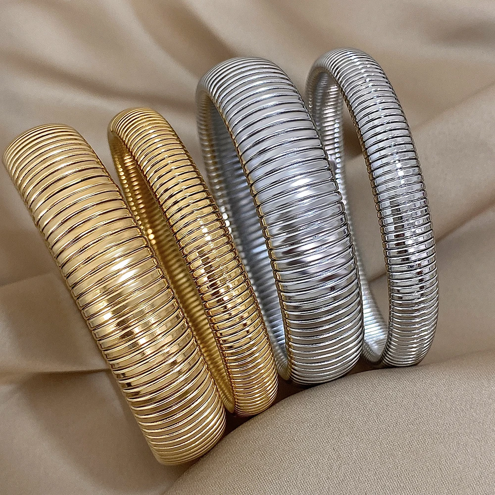 Lifefontier Stainless Steel Elastic Adjustable Chunky Bracelets For Women Simple Waterproof Wristband Bangles Party Jewelry