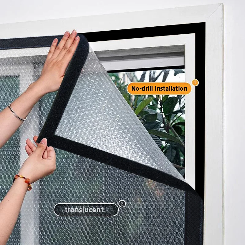 Winter Sealed Windows, Insulated Bubble Wrap for Wind and Cold Protection, Double-Layer Thick Warm Curtains, Black Zipper Style