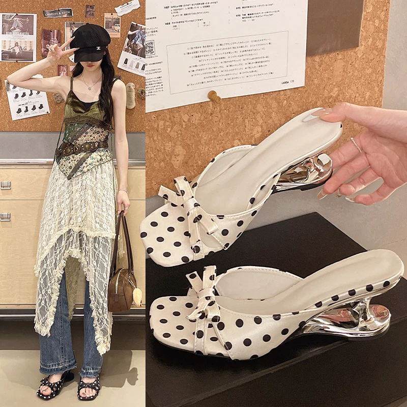 

Silk Bow Polka Dot One-piece Slippers for Women with Slim Heels, 2026 New Summer Style French Open Toed Sandals for Outdoor Wear