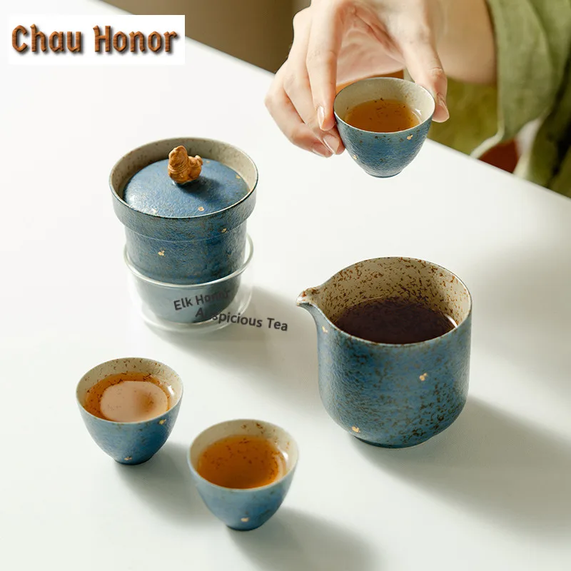 Lapis Blue Sprinkle Gold Travel Tea Set Kit Handmade 1 Pot 3 Cup Household Tea Making Organizer Portable Tote Bag Kung Fu Teaset