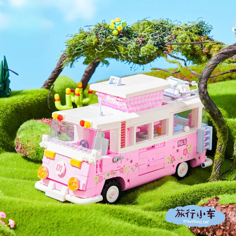 

Pink Travel Bus Building Blocks Educational Toy for Kids Creative Assembly Bricks STEM Learning Gift