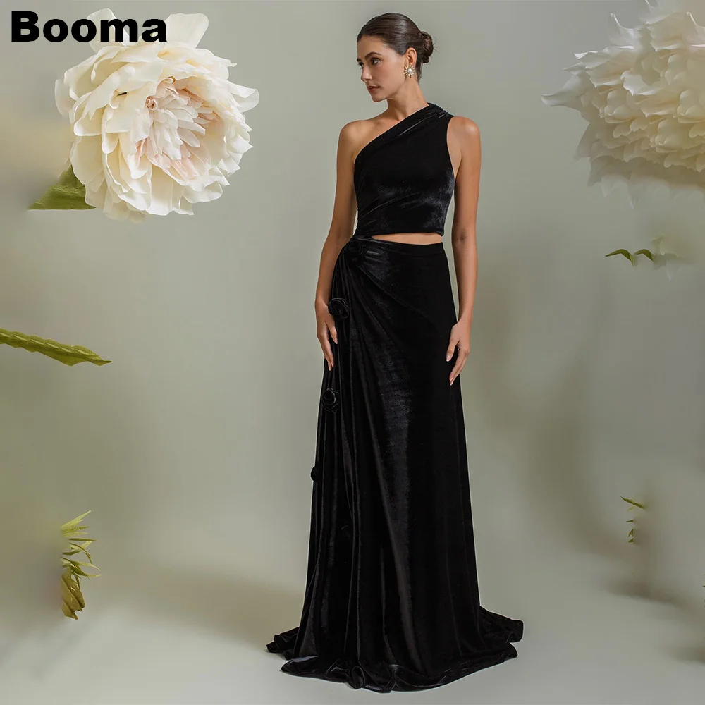 

Booma Simple Black Velour Mermaid Evening Dresses One Shoulder 3D Flowers Prom Gowns Women's Dresses for Special Events vestidos