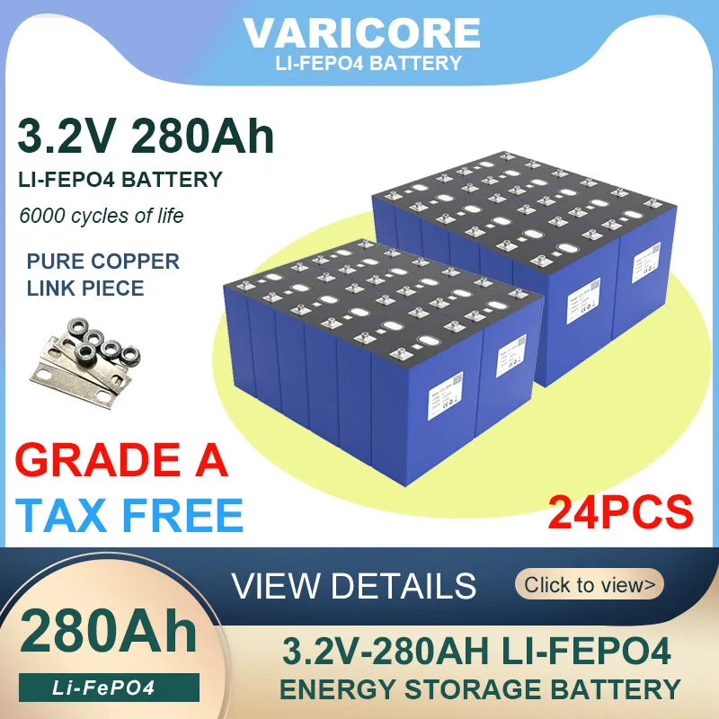 24pcs Grade A 3.2V 280Ah lifepo4 battery DIY 12V 24v for inverter Electric Car Solar Energy storage system Batteries Duty-free