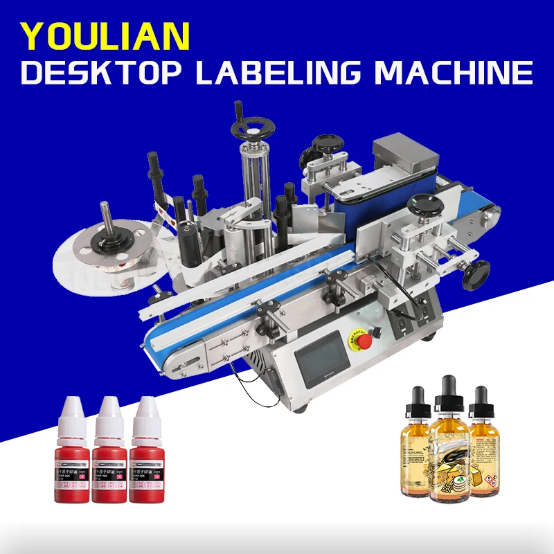 MT-100 Desktop Automatic Adhesive Label Applicator Sticker E-juice Printing Ink Essential Oil Round Bottles Labeling Machine