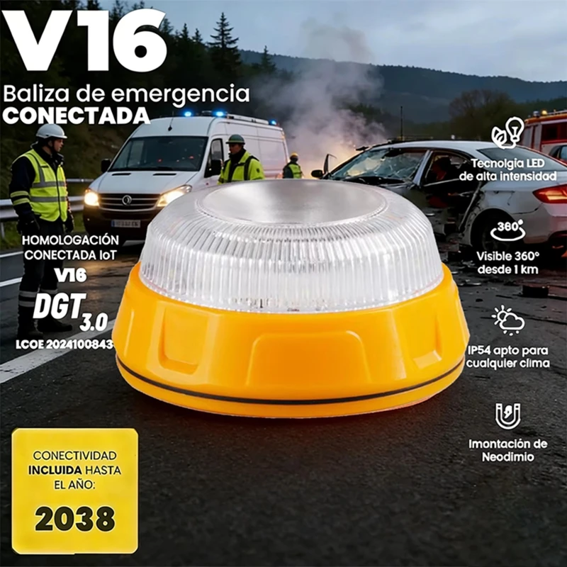 

V16 Геолокационный аварийный фонарь, одобренный DGT 3.0, обязательный для использования в январе 2026 года, GPS-позиционирование и срок годности данных — 2038