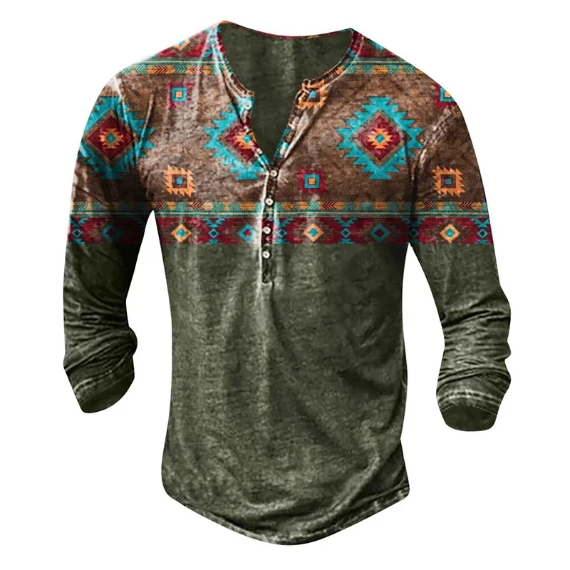 Indian Ethnic Style Henley Shirts 3D Print Shirt For Men Vintage Men\'s Clothing Button-Down Men\'s Casual Long Sleeve Shirts