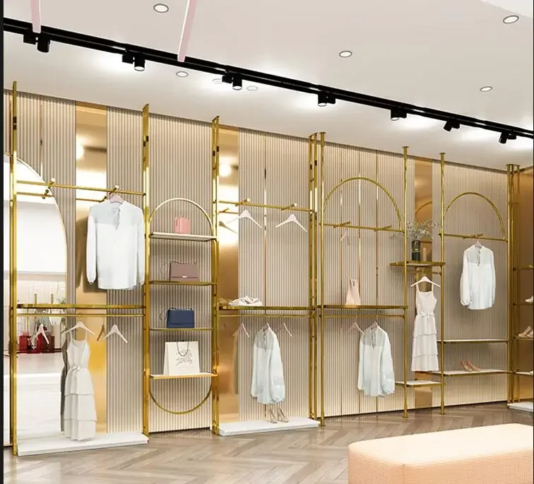 Simple Gold Clothing Store Display Rack Stainless Steel Hanger Display Floor Women's Clothing Store Brushed Clothes Rack