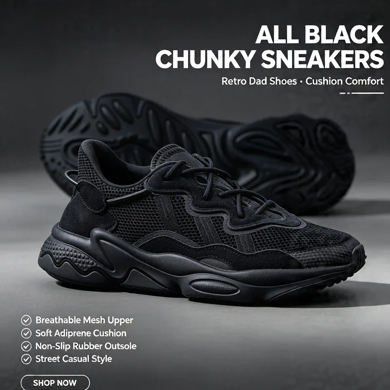 Adidas Originals EE6999 Unisex All Black Chunky Dad Sneakers Mesh Suede TPU Adiprene Cushion Non Slip Rubber Retro Casual Shoes
