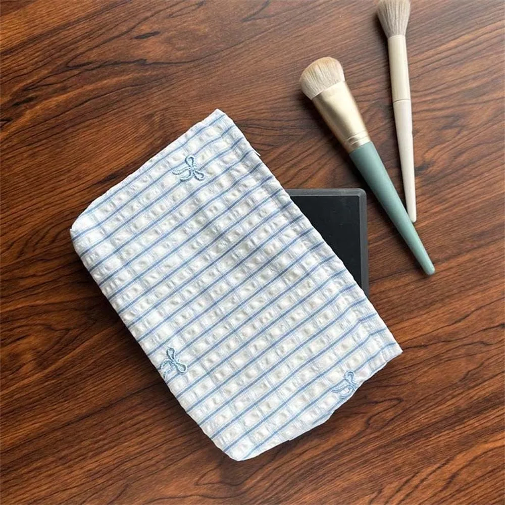 Classic Stripes Makeup Pouch Soft Canvas Smooth Zipper Cosmetic Organizer Embroidered Pattern Lightweight Toiletry Bag
