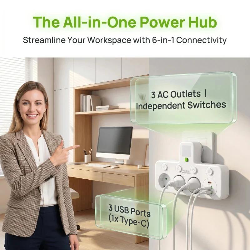 EU plug and socket, 4-pole socket, multifunctional wall plug, with or without extension cords or USB and Type-C interfaces