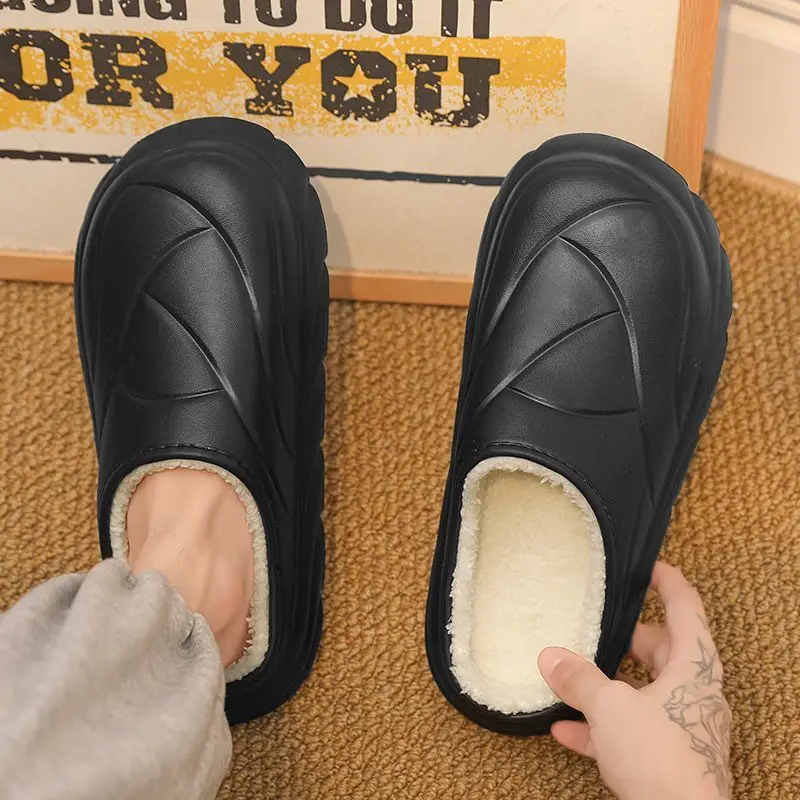 Men's Winter Waterproof Non Slip Office Cotton Slippers Comfortable Warm Fleece Lined Thick Sole Indoor Outdoor Slippers
