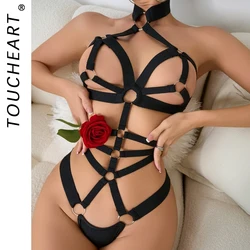 Toucheart Sexy Lingerie Hollow Out Strap Splicing Embroidery Restraint Halterneck Sexy Underwear For Women Solid Color Jumpsuit