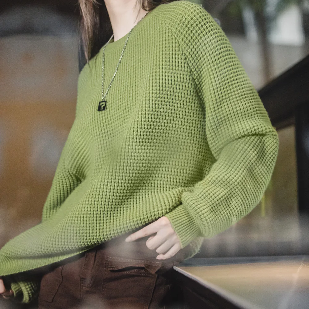 Maden Women’s Knitted Sweater Pineapple Texture Loose Thickened Pullover Knitwear Raglan Sleeve Green Autumn Winter Tops