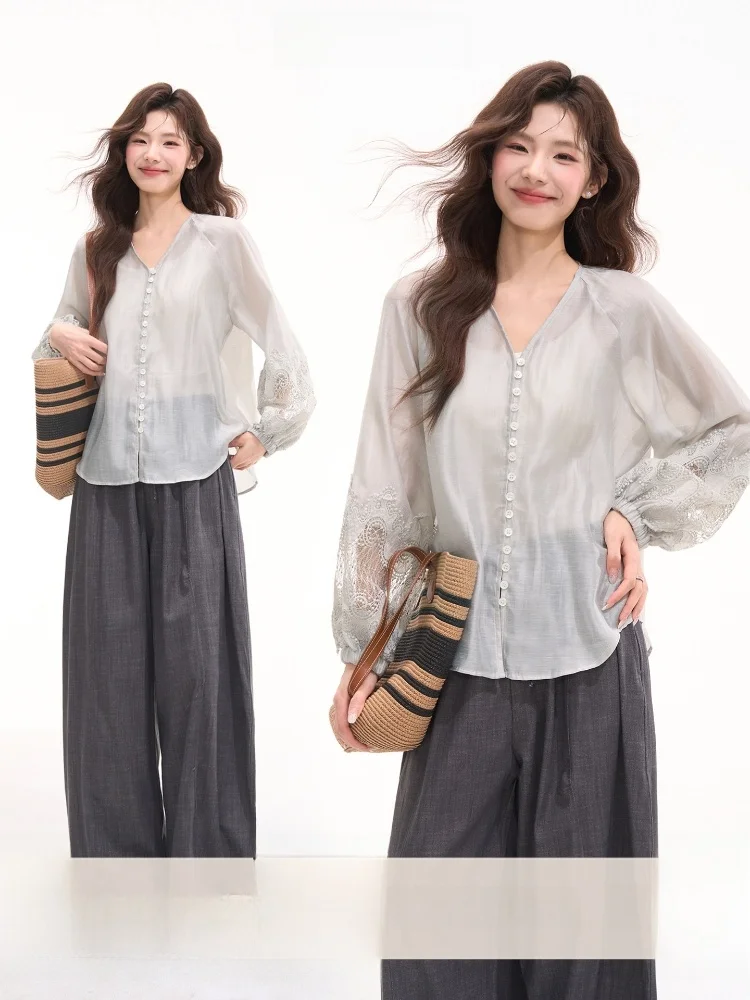 

Heme Linen Lace Long Sleeve Light Shirt Cover up Casual Style V-Neck Spring Summer Women's Loose Fit Shirt Thin Airy Gauze