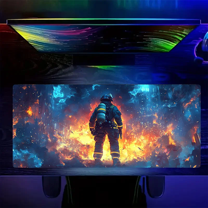 Firefighter Thunderhog Gaming Mouse Pad Large Firefighting Pilot Artwork Vibrant Blue Flames Office Laptop Gaming Accessory