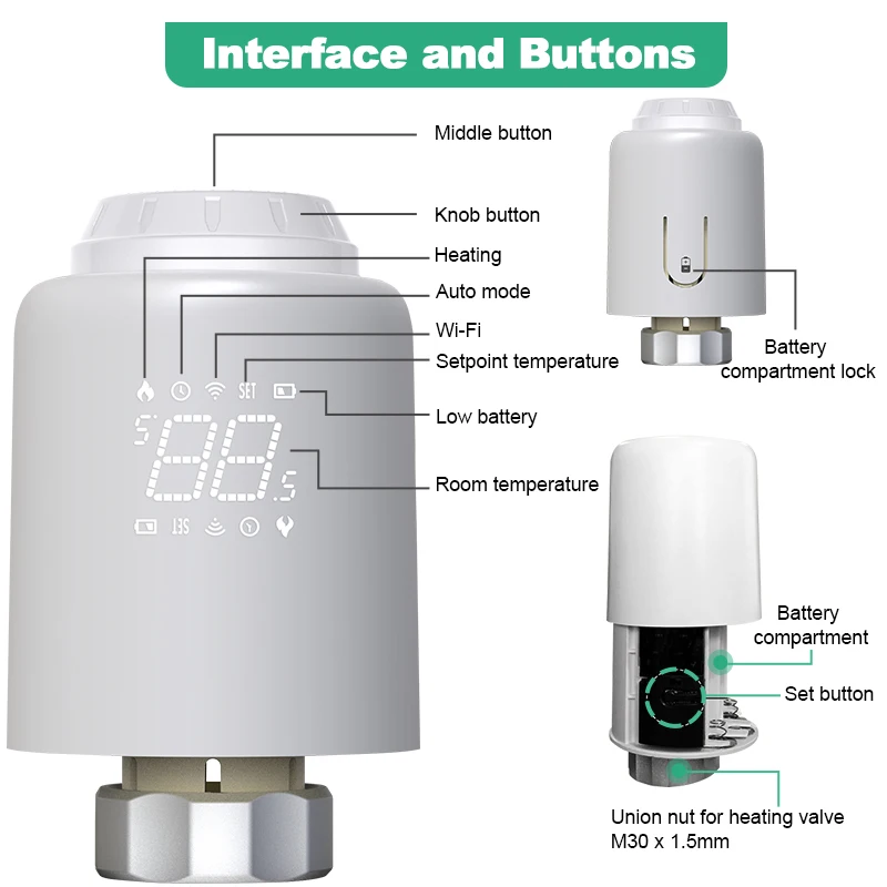 Tuya Zigbee3.0 Thermostatic Radiator Valve Smart Thermostatic Valve Head Connected Thermostatic Valves TRV Google Home  Alexa