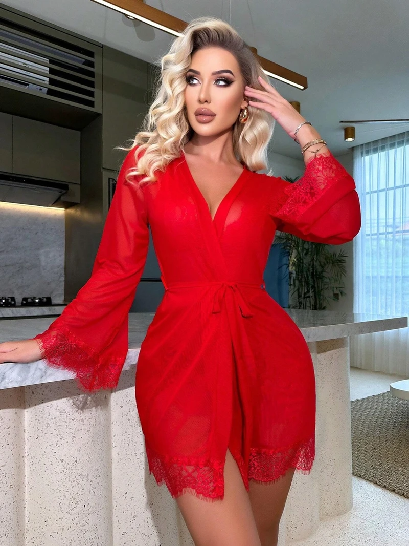 Conjunto de pijama sexy de malha, 3 peças, plus size, renda frontal, cinto, lingerie transparente, top e shorts, toque macio, roupa de dormir para adultos