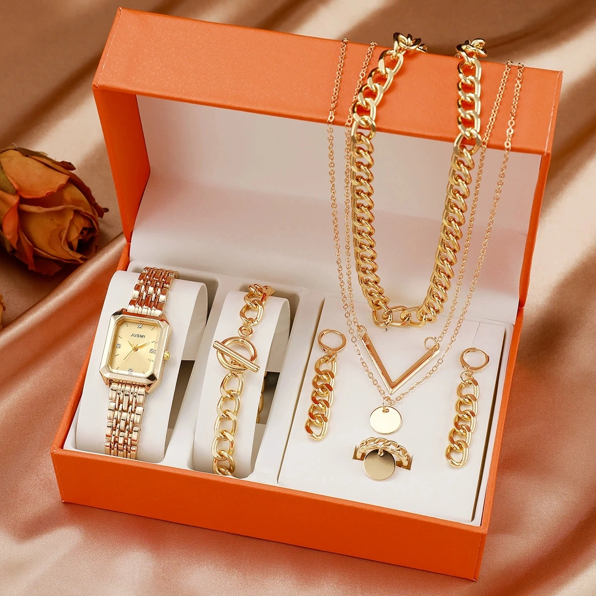 New Women's Chain Bracelet, Chain Earrings, Necklace, Ring, Square Steel Strap Quartz Watch Set, Fashionable And Versatile