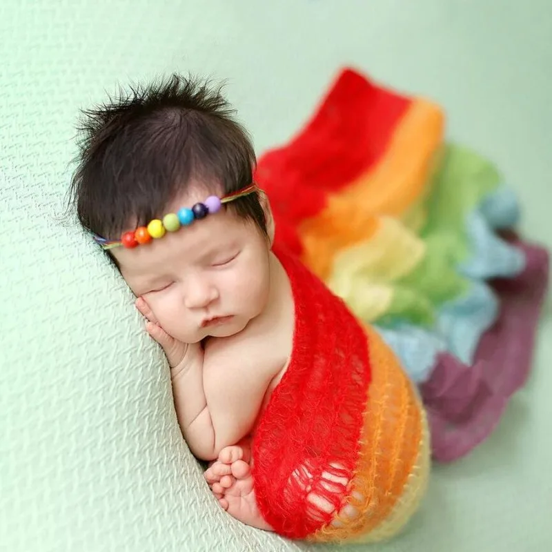 New Color Splicing Photography Blanket, Newborn Photography Clothing, Mohair Rainbow Wrap Fabric Newborn Photography Outfit